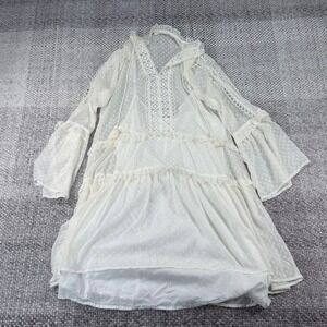 Cream Clip Dot Tiered Ruffle Mini Dress with Lace Trim and Tassel Ties